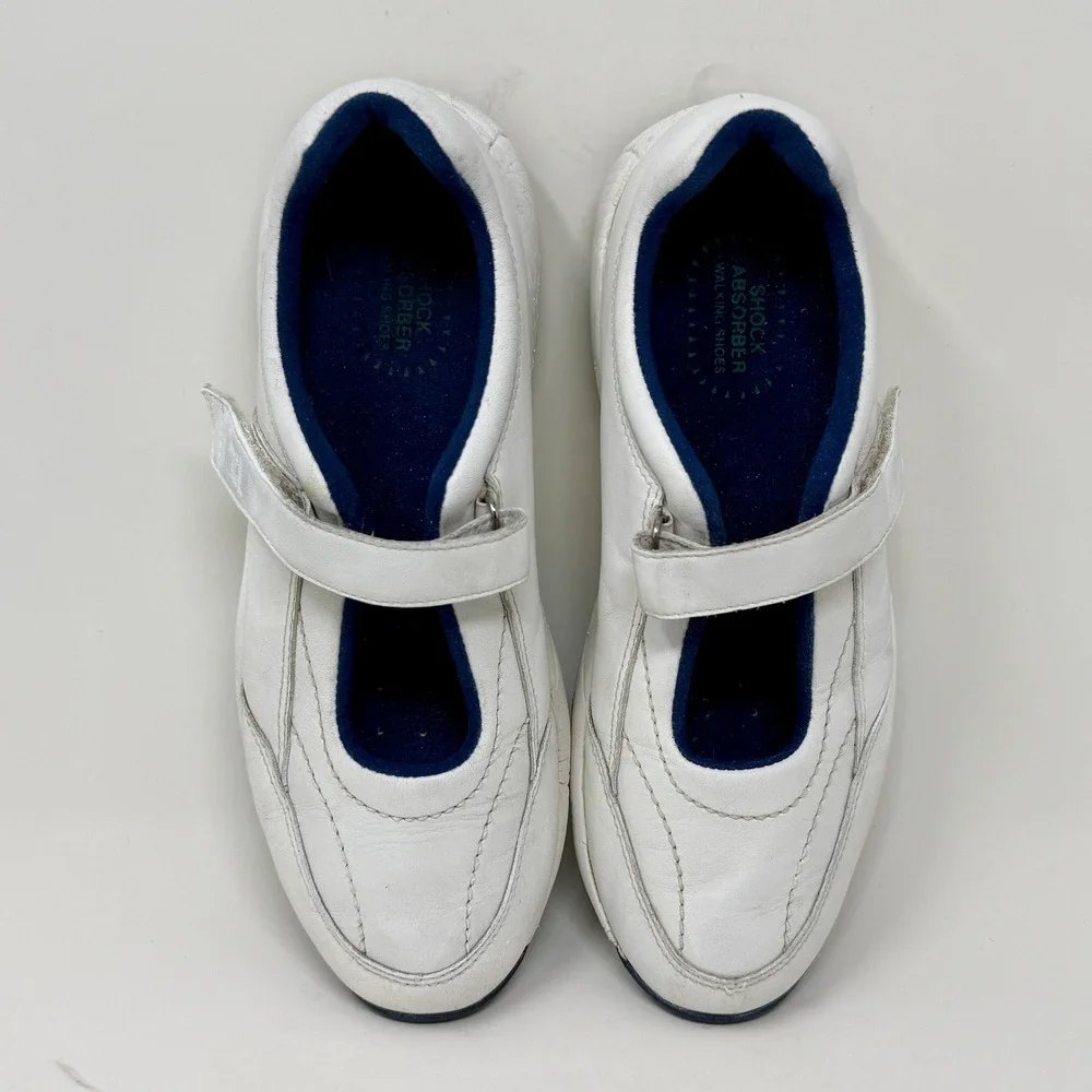 Propet W3868 Womens White Leather Mary Jane Walking Shoes Navy Blue Accent 7.5 M